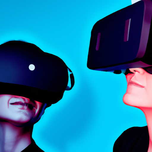 Two people wearing vr headsets in front of a blue background.