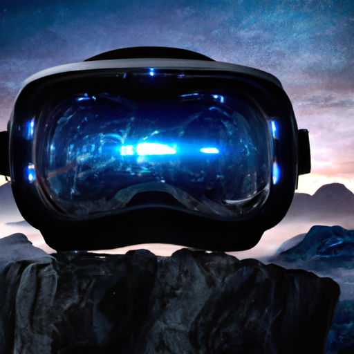 A vr headset on top of a rock with mountains in the background.